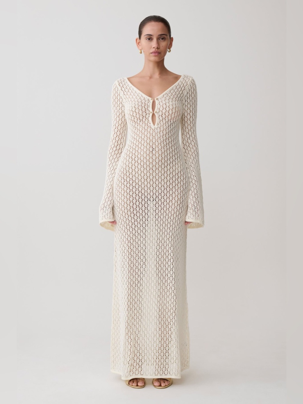 Meshki Kayleigh Crochet Fishtail Flare Sleeve Maxi Dress - White XS NWT